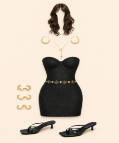 Black Strapless Mini Dress Outfit for Dolls with Gold Accessories and Heels - Image 5