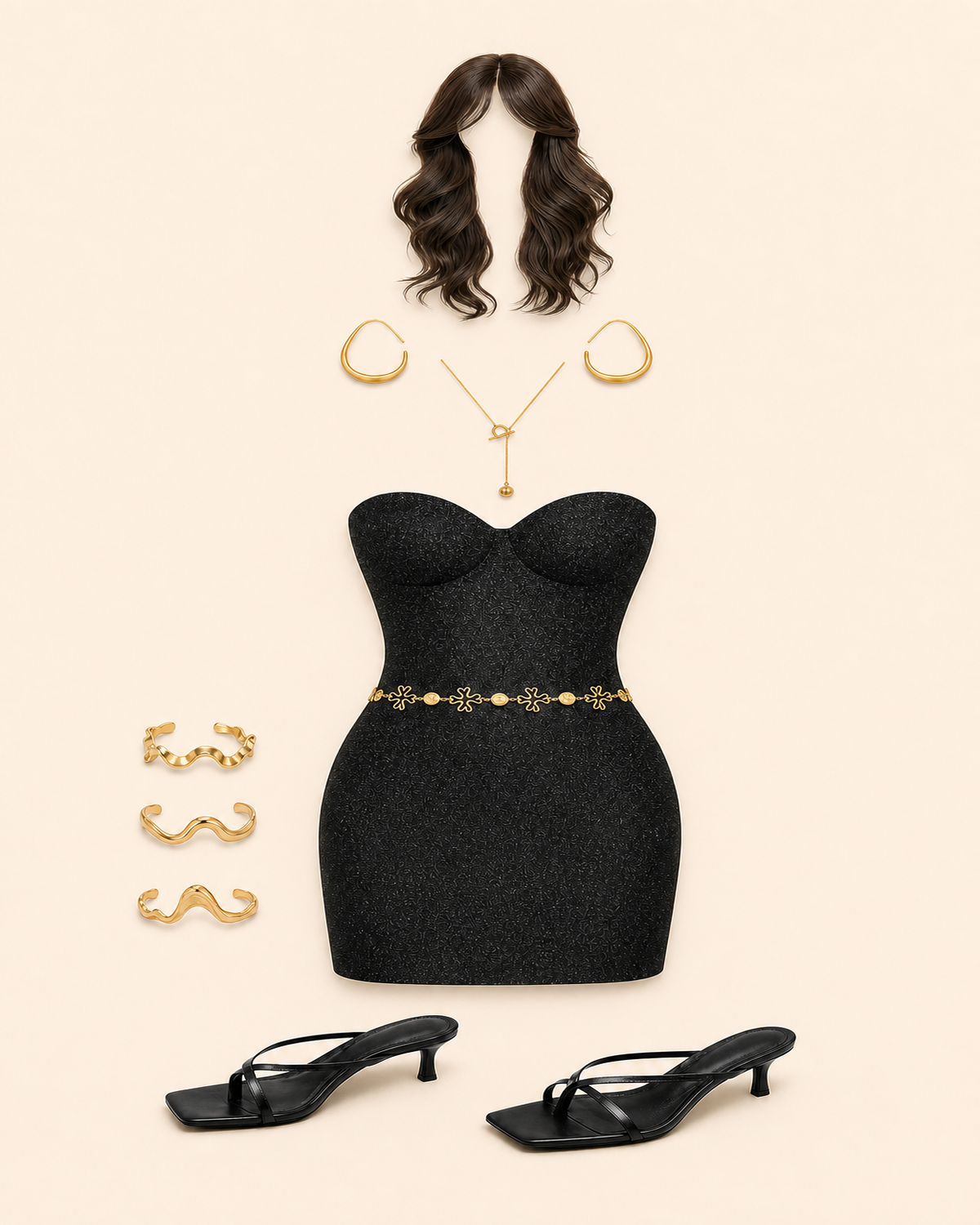 Black Strapless Mini Dress Outfit for Dolls with Gold Accessories and Heels - Image 5